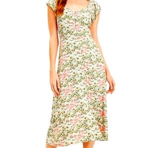 Floral Cap Sleeve Button Midi Dress - 4 petite
